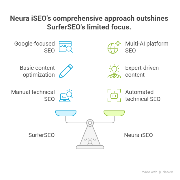Neura iSEO's comprehensive approach outshines SurferSEO's limited focus.